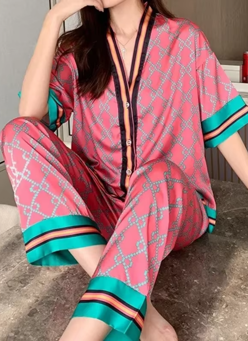 Satin Silk Thin Printing Short Sleeves Long Pants Homeware Sleepwear Sets
